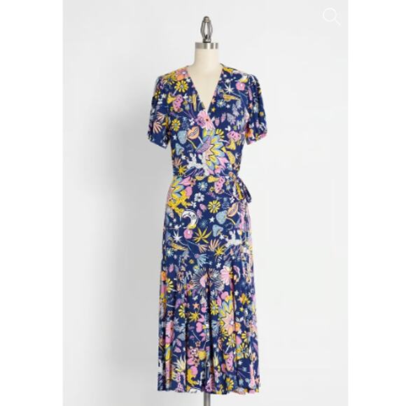 Modcloth Faux Wrap Midi Dress Size 2 Kaleidoscopic Dreamscape Moons Floral Print